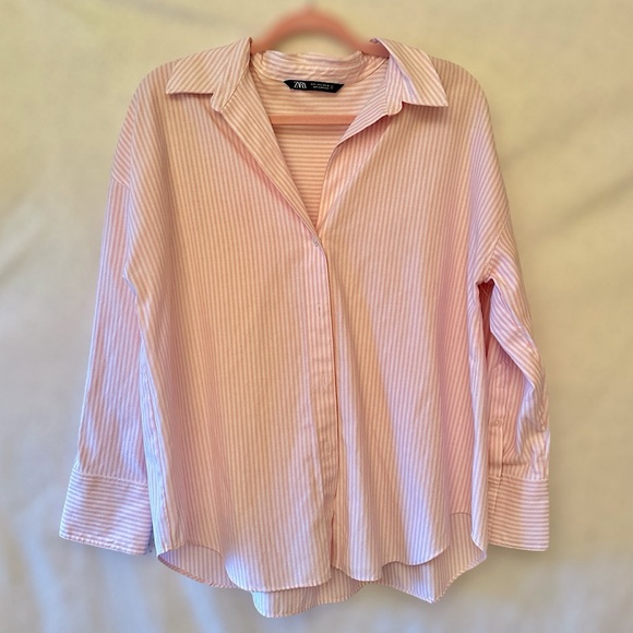 Zara Women’s Oversized Pink/White Stripe Oxford Button Down Shirt L - Picture 1 of 8